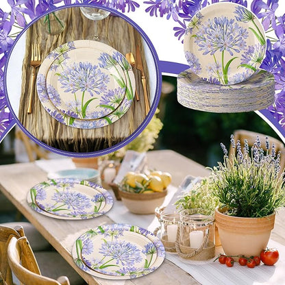 48 Pcs Agapanthus Garden Paper Plates Set Include 9" 7" Spring Watercolor Disposable Plates Summer Decorative Dinner Flower Birthday Party Tableware for Baby Shower Party Supplies