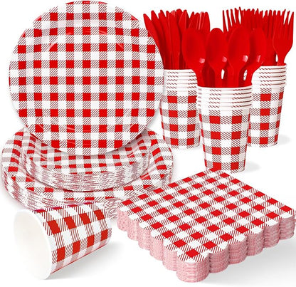 Vyntra Red Checkered Paper Plates and Napkins Set by PartyTablewareSupplies