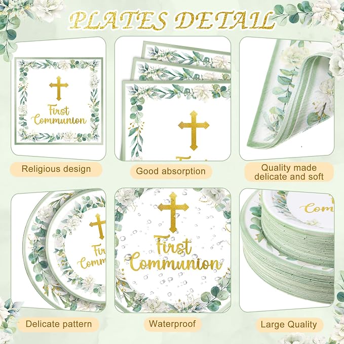 Pickmesh 250 Pcs Green First Holy Communion Disposable Tableware Set God Bless - Image 2
