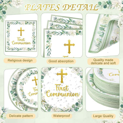 Pickmesh 250 Pcs Green First Holy Communion Disposable Tableware Set God Bless - Image 2