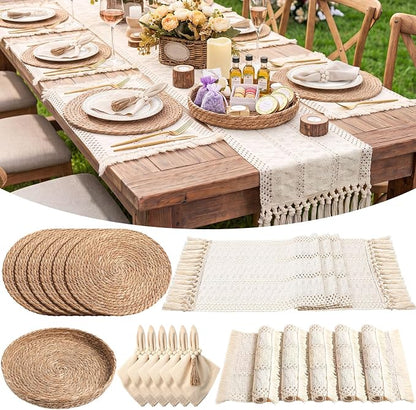 6 Sets Boho Decoration Placemats Round Woven Placemats, Cloth Napkins, Wood by Gandeer