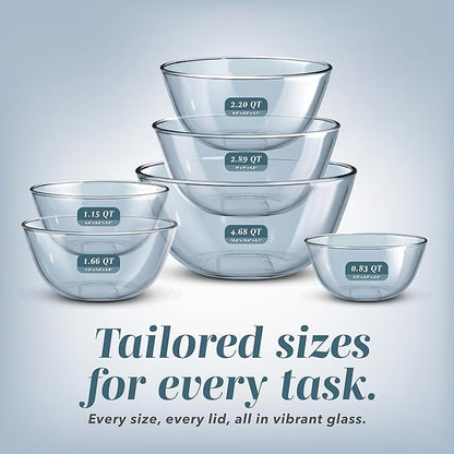 COOK WITH COLOR 12 Pc Glass Mixing Bowl Set with Lids – Borosilicate Glass Nesting Bowls for Cooking, Baking and Meal Prep, Colored Blue