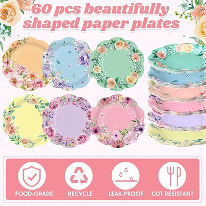 60 Pcs Floral Party Plates Floral Disposable Paper Plates, 7 Inch Elegant Vintage Garden Dinner Dish for Tea Party, Bridal Shower, Baby Shower, Birthday Supplies