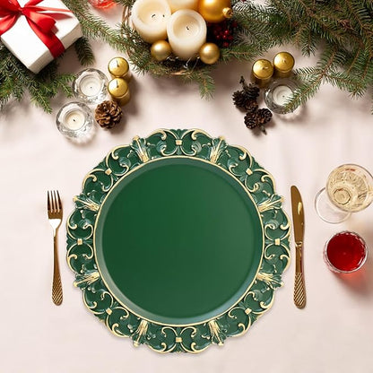 Green Charger Plates Set of 6, Decorative Table Plastic Chargers for Dinner Plates, Party, Wedding, Thanksgiving, Christmas, FD1GR