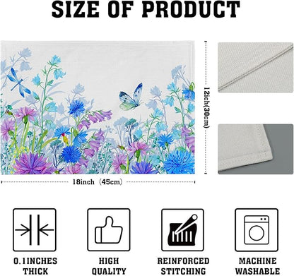 Blue Purple Floral Placemats for Dining Table Set of 4, Butterfly Decoration Spring Seasonal Washable Table Mats for Home Party Kitchen Indoor 12 x 18 Inch