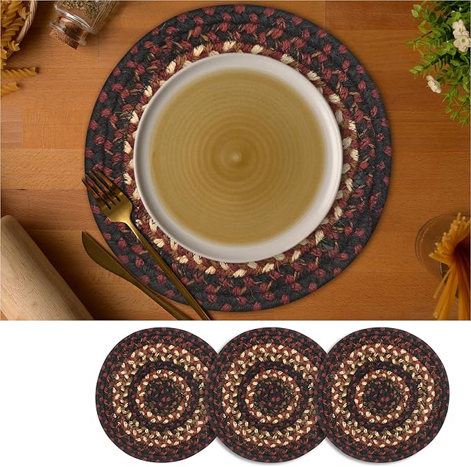 Homespice Prescott Jute Braided Trivets for Table - Set of 3, Round 8", Black & Red - Rich Colors, Easy to Clean, Durable and Protects Furniture