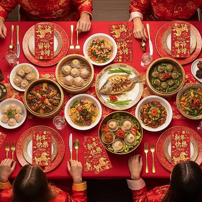 Chinese New Year Decorations - 100 Pcs Lunar Happy 2026 The Year of Horse Party Paper Napkins Set Disposable, Red Lanterns Golden Decorative Dinner Cocktail Bulk Table Guest Supplies Decor