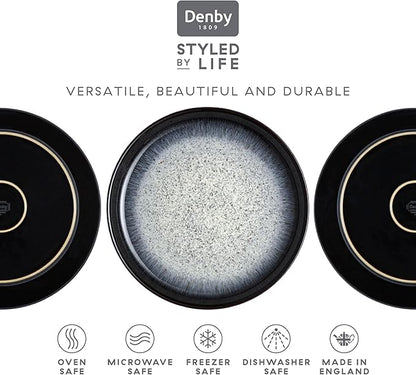 Denby - Halo Coupe Dinner Plates Set of 6-10.25 Inch Reactive Glaze, Dishwasher Microwave Oven Safe - Scratch Chip Resistant - Grey, Black Large Ceramic Stoneware Dinnerware Plates Set