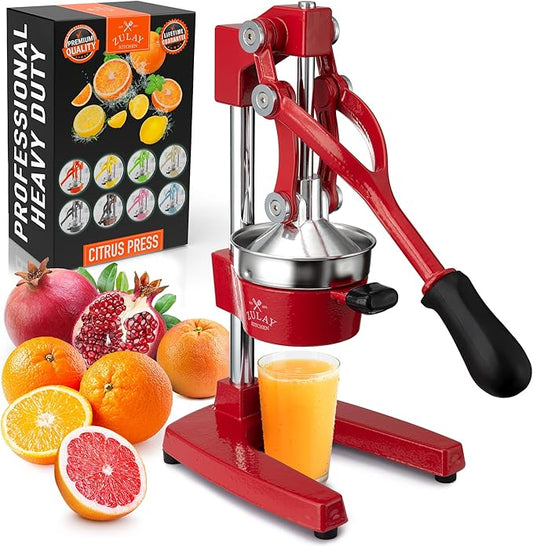 Zulay Kitchen Cast Iron Juicer - Easy-to-Clean Heavy-Duty Manual Juicer, Professional Citrus Juicer - Stainless Steel Lemon Squeezer - Manual Citrus Press & Orange Squeezer - Orange Juicer - Deep Red