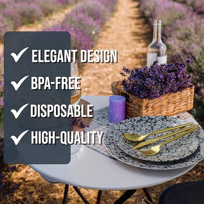 Trendables Fancy Plastic Dinnerware Sets 200 Pc 40 Guests Gold Silverware Disposable 40 X 10 Inch Charger Plates 40 X 8 Inch Dessert Plates 40 x Gold Plastic Forks and Spoons Knives In Garden Damask