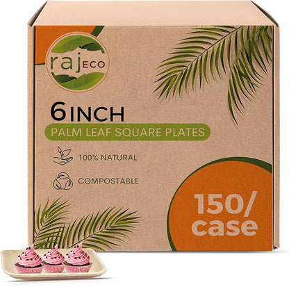 Raj Palm Leaf Plates Bulk [50-Pack] 6" Square Plates(3 CASES - 150 PACK) like Bamboo plates Disposable, Strong, Decorative Compostable Tableware for weddings, Lunch, Dinner, Birthday,Outdoor