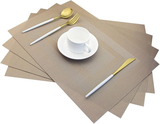PIGCHCY Placemats,Heat Resistant Non Slip Durable Plastic Place Mats,Washable Easy to Clean Woven Vinyl Kitchen Placemats for Dining Table Set of 4 (Champagne)