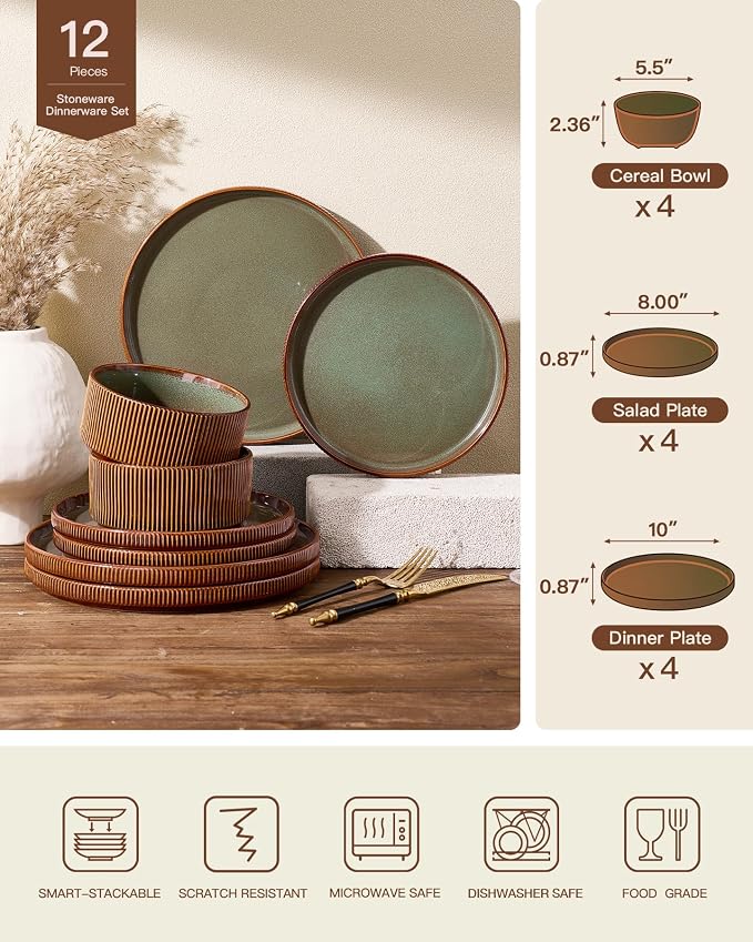 Stoneware Dinnerware Set for 4, Handmade Ribbed Dishes, Everyday Use, Microwave - Image 7