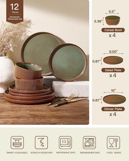 Stoneware Dinnerware Set for 4, Handmade Ribbed Dishes, Everyday Use, Microwave - Image 7
