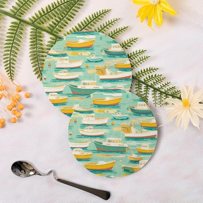 White and Yellow Boats in Green Lake Pattern Absorbent Coaster - Image 3