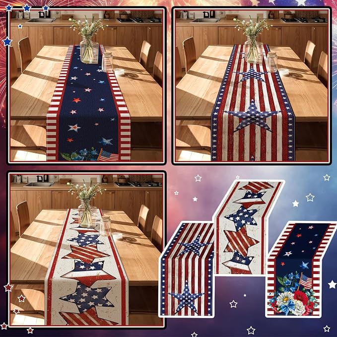 Gilprop 3 Pcs 4th of July Table Runners Patriotic Tablecloth, 13x72 Inch | - Image 6