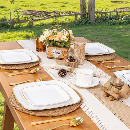 bUCLA 50PCS White and Gold Plastic Plates Disposable - Square Gold Heavy Duty - Include 25 Each (Dinner & Dessert) Plates for Party & Wedding