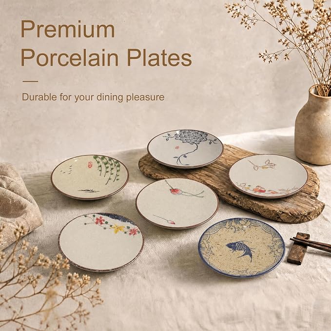 6 Inch Japanese Retro Dinner Plates Set of 6 | Ceramic Hand-painted Serving - Image 4