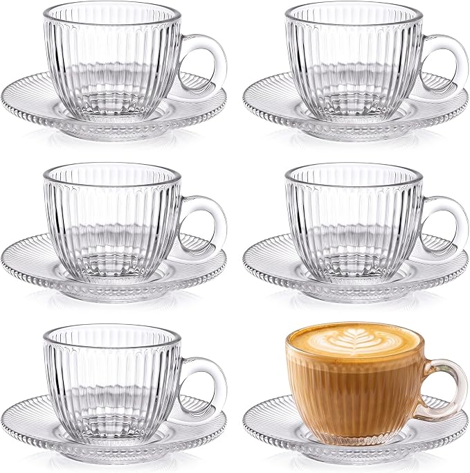 6 Sets of Glass Tea Cups with Saucers Vintage Coffee Mugs 2.8 oz Clear Espresso by Yetene