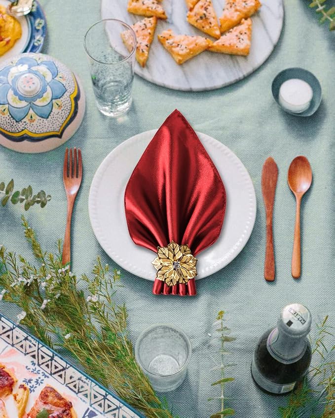 12 Pack Gold Napkin Rings and Cloth Napkins Set of 6, 17x17 Satin Cocktail - Image 2