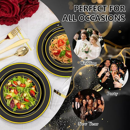 GATHER 350PCS Black Plastic Plates - Black and Gold Disposable Dinnerware Set Include 100 Plates, 150 Gold Silverware, 50 Napkins, 50 Cups for Party & Wedding & Birthday