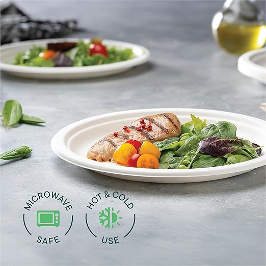 100% Compostable Paper Plates 10 Inch Bulk [500 Count] Heavy-Duty Dinner Plates - Natural White Color Unbleached Bagasse - Eco-Friendly Disposable Biodegradable Sugarcane Plates - [Case 4/125 Pack]