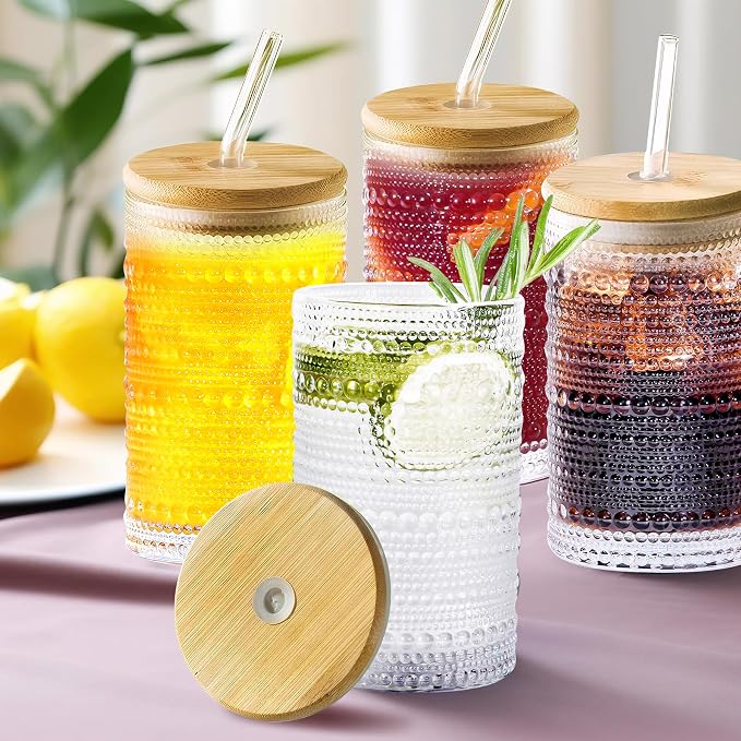 Hobnail Drinking Glasses with Bamboo Lids and Glass Straw 4Pcs Set - 14oz - Image 7