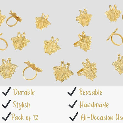 ALPHA Living HOME 12 Pcs Modern Bee Napkin Rings - Premium Metal Napkin Rings Table Decor Napkin Ring, Dining Cloth Napkin Holder for Wedding, Party, Christmas, Everyday Dining (Gold)