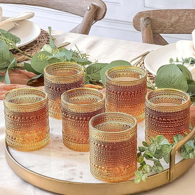 Kate Aspen Beaded Amber Drinking Glasses Set of 6-10 oz Vintage Glassware Set - Image 4