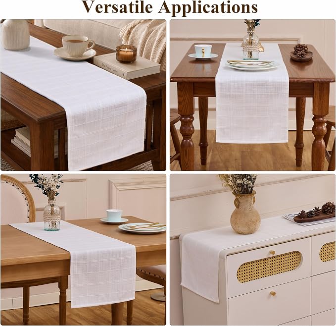 White Table Runner, Linen-Look Fabric, Subtle Check Pattern, Dining & Coffee - Image 3