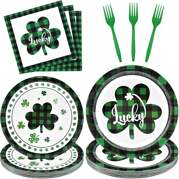 96 Pieces St. Patrick’s Day Tableware Set – Green and Black Plaid Shamrock by GistomeHome