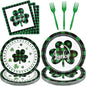 96 Pieces St. Patrick’s Day Tableware Set – Green and Black Plaid Shamrock by GistomeHome