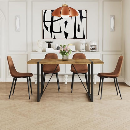Dining Table Set for 4, Modern 55'' Dark Wood Dining Table and Fabric Dining Chairs Set of 4,Table and Chairs Set of 4,Ideal for Kitchen Dining Room