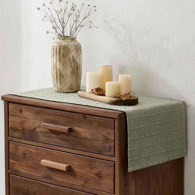 Artisanal Grid Linen Table Runner, 13x36 Inches Seeding Green | Heavy Textured - Image 3