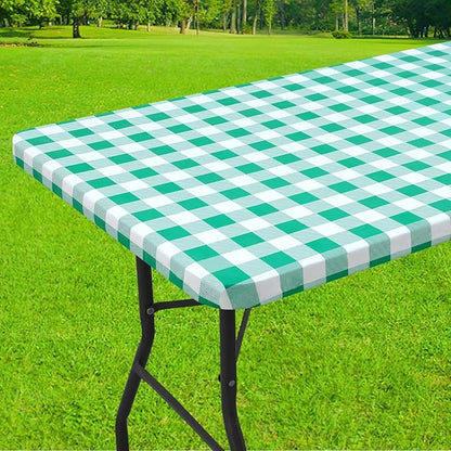 Smiry Rectangle Picnic Table Cloth, Elastic Waterproof Fitted Vinyl Tablecloths, Flannel Backed Buffalo Plaid Table Covers for Dining, Camping, Outdoor (White and Green, 30" x 72")