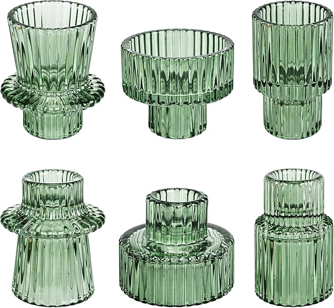 Taper Votive Candle Holder for Pillar Candles Tealight, Candlestick Holder for Wedding Christmas Tea Party, Boho Ribbed Vintage Crystal Glass Table Centerpiece Decor, Bulk Set of 6 (Green)