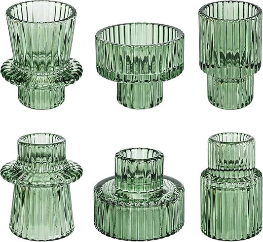 Taper Votive Candle Holder for Pillar Candles Tealight, Candlestick Holder for Wedding Christmas Tea Party, Boho Ribbed Vintage Crystal Glass Table Centerpiece Decor, Bulk Set of 6 (Green)