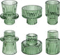 Taper Votive Candle Holder for Pillar Candles Tealight, Candlestick Holder for Wedding Christmas Tea Party, Boho Ribbed Vintage Crystal Glass Table Centerpiece Decor, Bulk Set of 6 (Green)