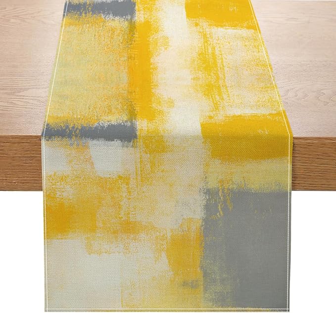 Yellow and Grey Table Runner 13x72 Inch Modern Abstract Art Painting Kitchen by ZCHOMI