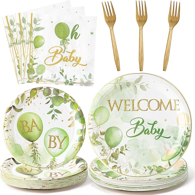 96Pcs Welcome Baby Greenery Baby Shower Sage Green Balloon Party Plates by G1ngtar