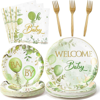 96Pcs Welcome Baby Greenery Baby Shower Sage Green Balloon Party Plates by G1ngtar