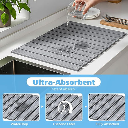 2 Pack Large Stone Dish Drying Mat for Kitchen Counter, Collapsible Quick Drying Dish Mats, Water Absorbing Diatomaceous Earth Drying Pad for Kitchen Countertop Bottles Utensils Cups Bathroom Sink