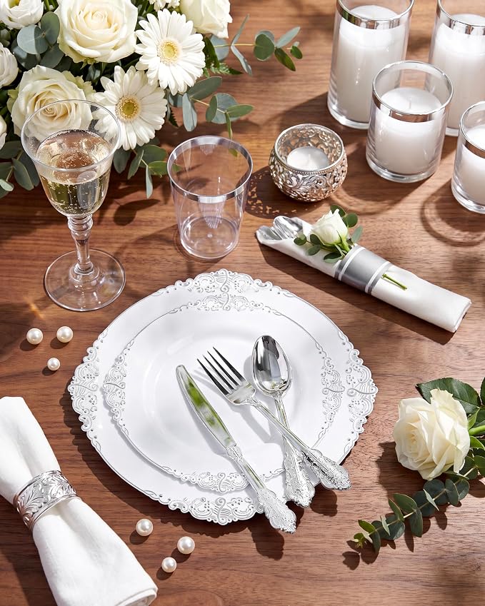 Nervure 350Pcs Silver Plastic Plates, Plastic Dinnerware Set - Image 2