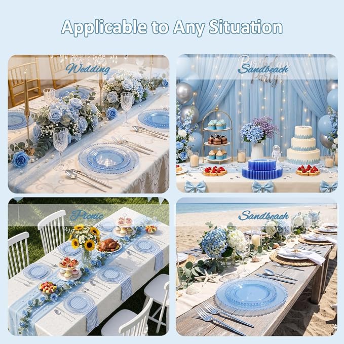 U-QE 60PCS Clear Blue Plastic Plates, Beaded Plates Disposable Heavy Duty | - Image 7