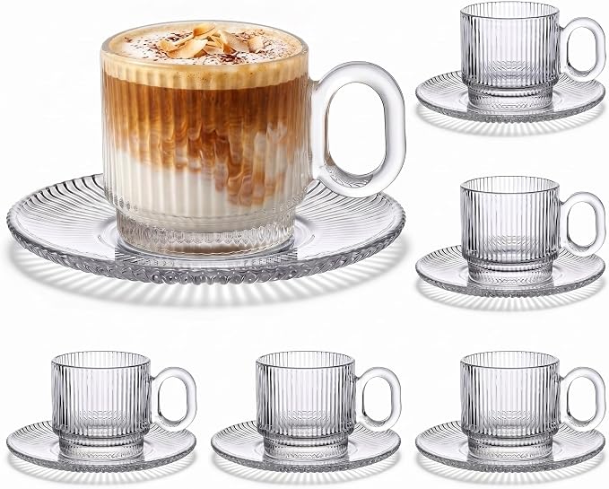 6 Sets of Glass Tea Cups with Saucers Vintage Coffee Mugs 5.6 oz Clear Espresso by Yetene