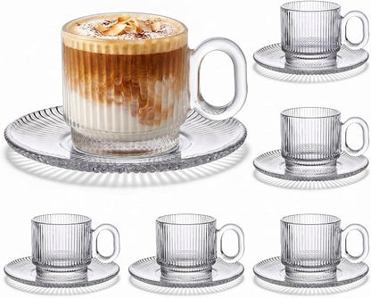 6 Sets of Glass Tea Cups with Saucers Vintage Coffee Mugs 5.6 oz Clear Espresso by Yetene