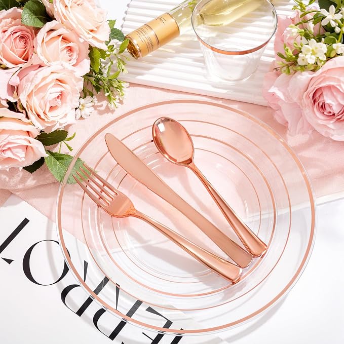 bUCLA 150PCS Clear Rose Gold Disposable Dinnerware set - Image 3
