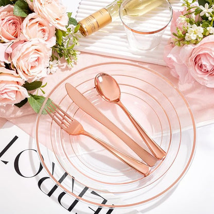 bUCLA 150PCS Clear Rose Gold Disposable Dinnerware set - Image 3
