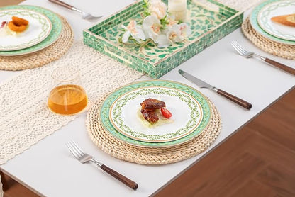 High Bone China Dinnerware Set, 12-Piece Artistic Green Plates and Bowls, Lightweight & Chip Resistant Ceramic Service for 4, Dishwasher Safe Elegant Kitchen Dining