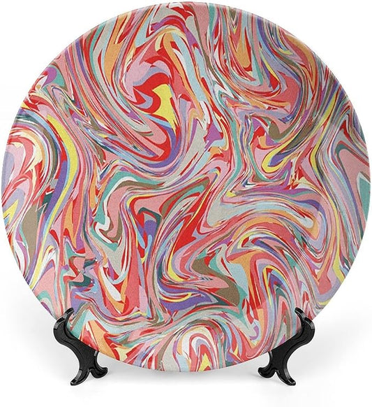 Decorative Plates, Abstract Print Ornament, Mix of Colors Messy Dirty Look Artistic, 7 Inch, 1 Plate with 1 Display Stand, Multicolor